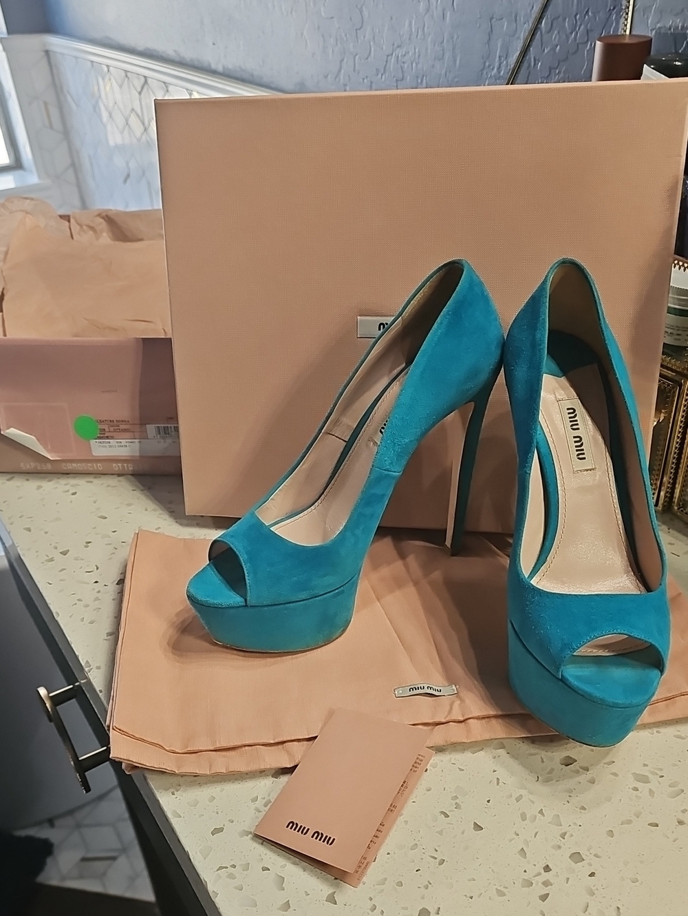 Miu Miu Turquoise Suede Peep-Toe Platform Pumps